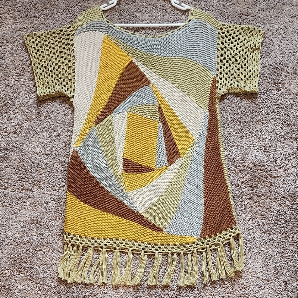 Colorful Geometric Knit Top with Fringe